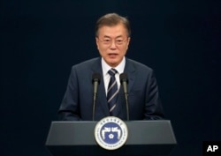 South Korean President Moon Jae-in speaks during a press conference at the presidential Blue House in Seoul, South Korea, May 27, 2018.