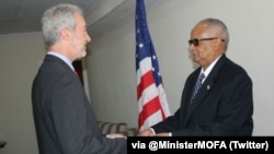 FILE - U.S. Ambassador Stephen Schwartz presents his credentials to the Somali Minister of Foreign Affairs, Aug. 9, 2016. 