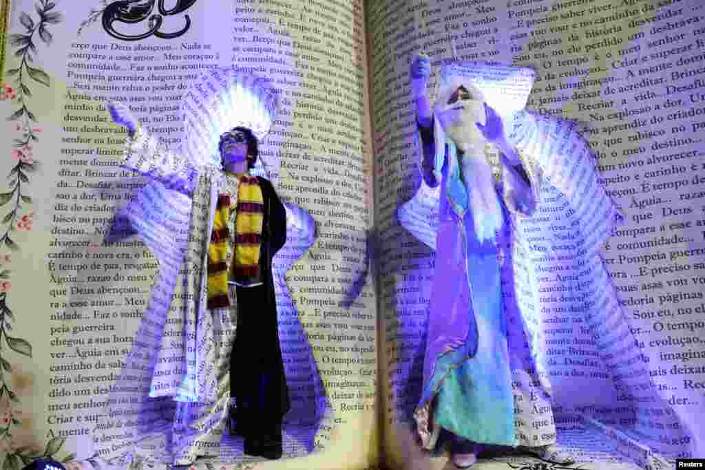 Revelers from Aguia de Ouro samba school perform in Harry Potter themed costumes during the second night of the Carnival parade at the Sambadrome in Sao Paulo, Brazil.