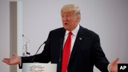 President Donald Trump speaks during the Women's Entrepreneurship Finance event at the G20 Summit, July 8, 2017, in Hamburg, Germany.