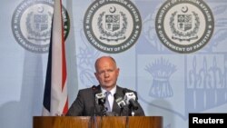 Britain's Foreign Secretary William Hague speaks during a news conference in Islamabad, Pakistan, June 12, 2012.