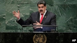 Venezuela's President Nicolas Maduro addresses the 73rd session of the United Nations General Assembly, Sept. 26, 2018, at the United Nations headquarters.