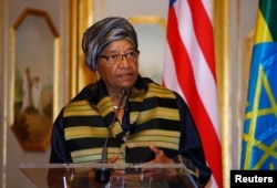 FILE - Liberia's President Ellen Johnson-Sirleaf addresses a news conference during a visit to Ethiopia's capital Addis Ababa, Feb. 28, 2017.