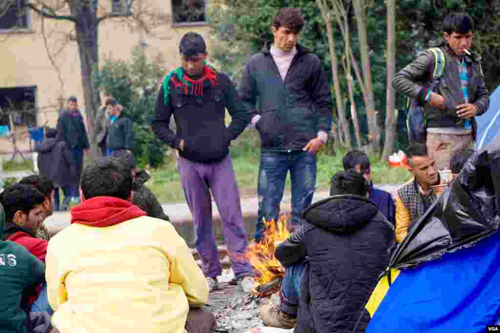 Refugees at Idomeni camp discuss their next moves; how best to get deeper into the European Union. (Jamie Dettmer for VOA) 