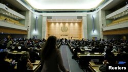 스위스 제네바의 유엔 유럽본부에서 2020년 핵확산금지조약(NPT) 평가회의 준비위원회가 열리고 있다.