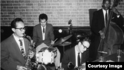 The Paul Togawa Quartet performing in Los Angeles. Left to Right. Gabe Baltazar, Paul Togawa, Dick Johnston, Buddy Woodson, circa late 1950s. (Courtesy Gabe Baltazar) 