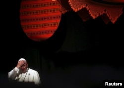 Pope Francis making as speech during a World Meeting of Popular Movements in Santa Cruz, Bolivia, July 9, 2015. The pope apologized for the sins committed by the Church against indigenous populations during the age of exploration and conquest of the New W