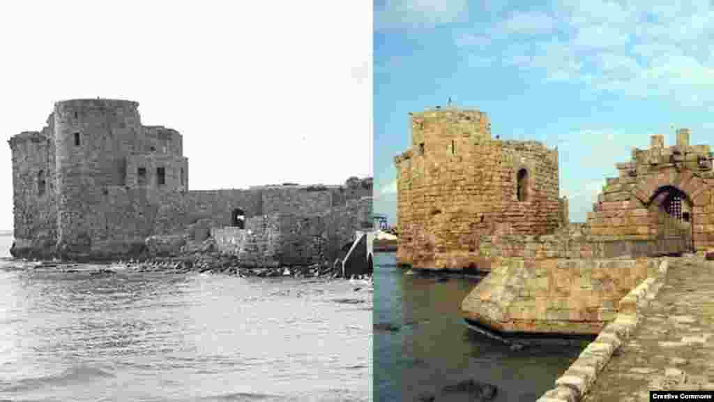 Legacy of the Crusades: Sea Castle at Saida (Sidon), Lebanon, built by Europeans in the 13th Century (L) American Colony (Jerusalem), ca. 1920-1933. Library of Congress. (R) 28 January 2004. Creative Commons/Кардам.