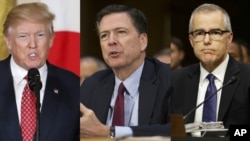 Dari kiri: Presiden AS Donald Trump, mantan Kepala FBI James Comey dan mantan Penjabat Direktur FBI Andrew McCabe.