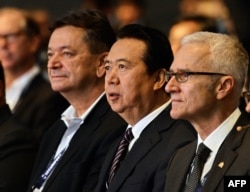 國際刑警組織主席孟宏偉（右起第二人）和國際刑警組織秘書長卓爾金·斯多克（右）2017年7月4日出席新加坡國際刑警組織世界大會開幕儀式。
