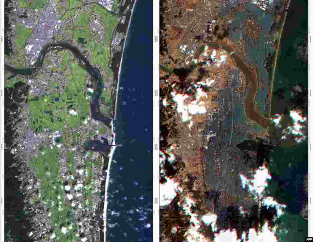The shore of Japan is seen before (L) and after a tsunami hit the area in this combination photo of satellite images provided by the German Aerospace Center. Pictures taken September 5, 2010 (L) and March 12, 2011. (REUTERS/DLR/Rapid Eye)