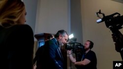 Sen. Ted Cruz, R-Texas, speaks to reporters in a hallway on Capitol Hill in Washington, Dec. 7,2021.