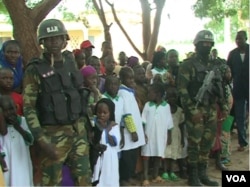 Members of the military are seen guarding the school in Limani, Cameroon. (M.E. Kinzeka/VOA)