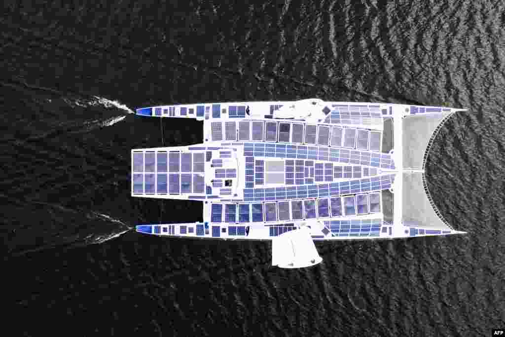 The self-energy producing multihull "Energy Observer" sails off the coast of the Swedish capital, Stockholm, May 28, 2019.