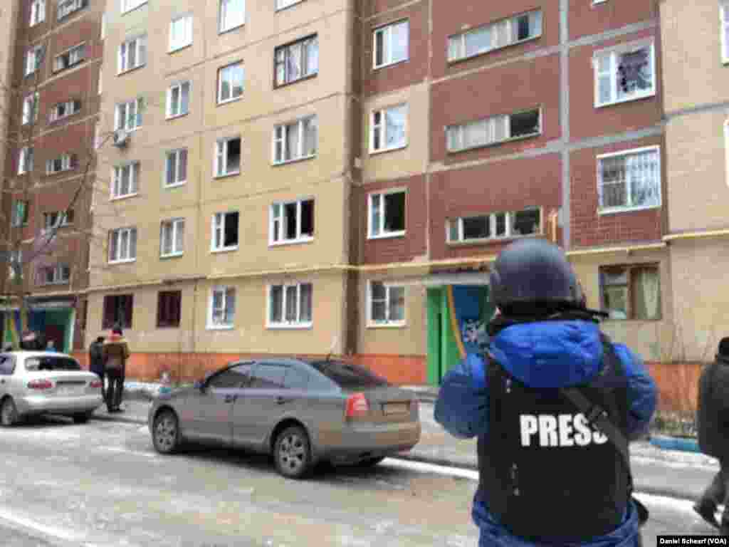 Damage from an artillery attack is seen in a residential area of Kramatorsk, eastern Ukraine, Feb. 10, 2015.