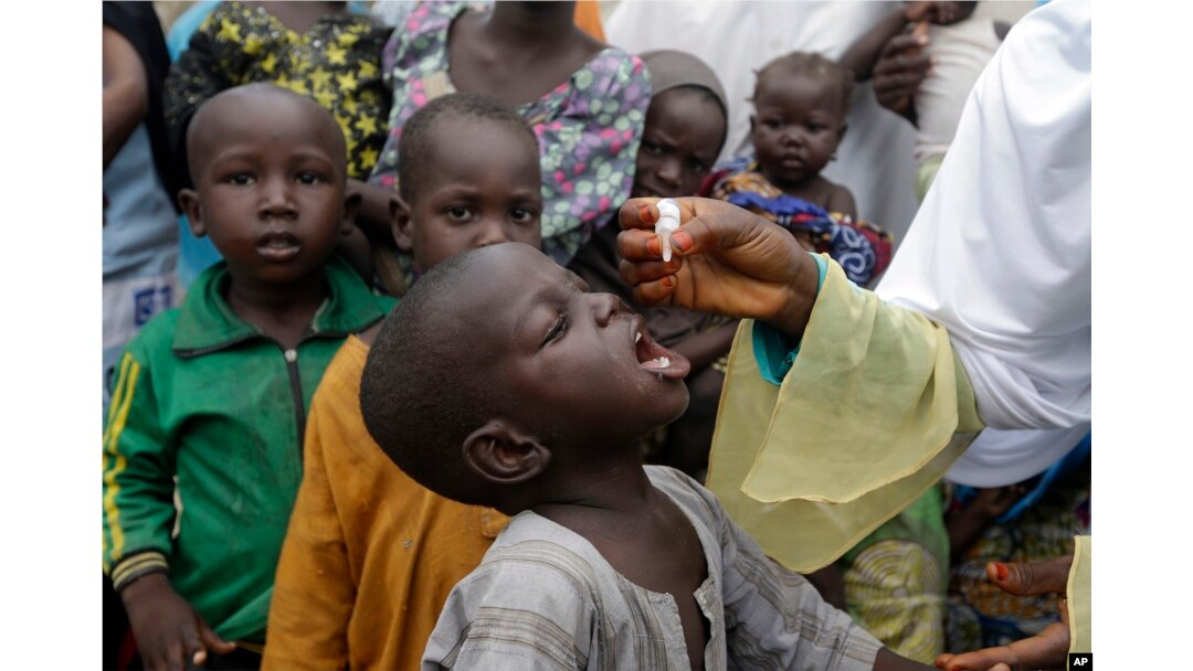 FILE - A health official administers a polio vaccine to children at a camp for people displaced by Islamist Extremist in Maiduguri, Nigeria, Aug. 28, 2016. New WHO chief Tedros Adhanom Ghebreyesus says universal health coverage "should be the center of gravity of our movement."