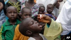 FILE - A health official administers a polio vaccine to children at a camp in Maiduguri, Nigeria, Aug. 28, 2016. 