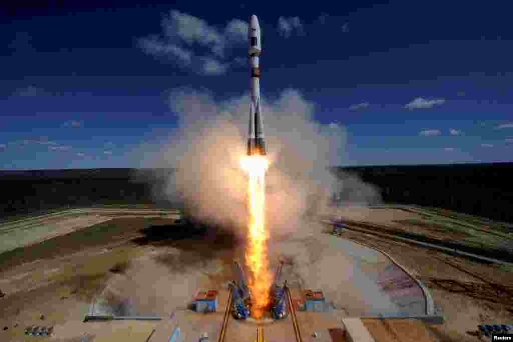 A Russian Soyuz 2.1A rocket carrying Lomonosov, Aist-2D and SamSat-218 satellites, lifts off from the launch pad at the new Vostochny cosmodrome outside the city of Uglegorsk, about 200 kms from the city of Blagoveshchensk in the far eastern Amur region, Russia.