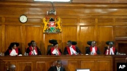 FILE: Kenyan Supreme Court judges preside over the hearing of petitions challenging President Uhuru Kenyatta's reelection in a repeat presidential poll, in Nairobi. Taken 11.14.2017