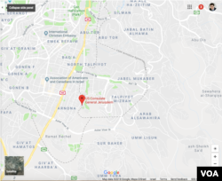 Google Map of southern Jerusalem, showing the five-sided box created by the Israeli-Jordanian armistice lines of April 23, 1949. The new U.S. embassy will be located at the U.S. Consulate General complex in Jerusalem's Arnona neighborhood. The western armistice line of the five-sided box passes through the complex.