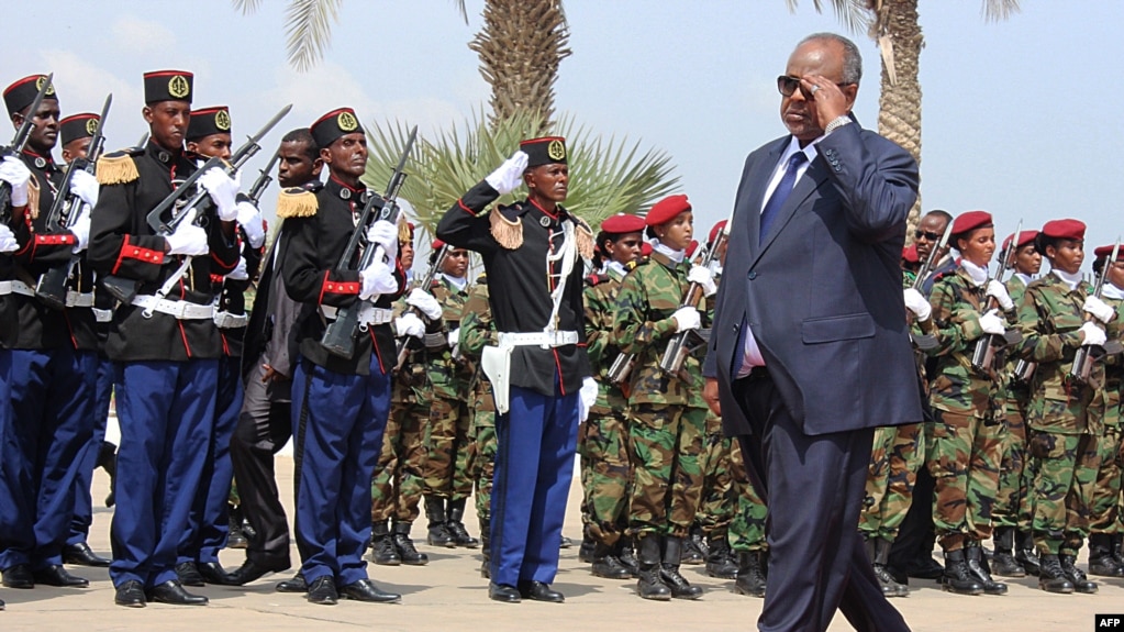 Djibouti's President Ismael Guelleh inspects a guard of honour during his inauguration on May 8, 2016 in Djibouti after his fourth re-election.