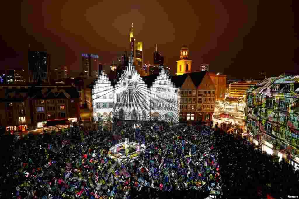 Frankfurt town hall Roemer is illuminated during the Luminale, light and building event in Frankfurt, Germany, March 18, 2018.