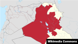 در این نقشه بخش‌هایی از کشور عراق که گروه دولت اسلامی ادعا کرده می‌خواهاد برآن خلافت کند، با رنگ قرمز مشخص شده است.
