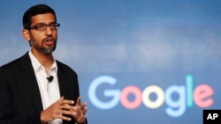 FILE - Google CEO Sundar Pichai speaks during a news conference in New Delhi, Jan. 4, 2017.