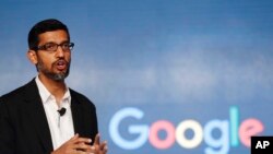 FILE - In this Wednesday, Jan. 4, 2017, file photo, Google CEO Sundar Pichai speaks during a news conference on Google's collaboration with small scale local businesses in New Delhi. 