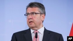 FILE - German Foreign Minister Sigmar Gabriel speaks during a news conference in Berlin, July 20, 2017. 