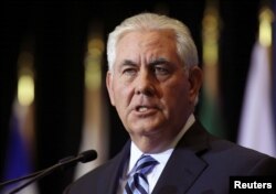 FILE - U.S. Secretary of State Rex Tillerson, pictured at a January news conference during a foreign ministers meeting in Vancouver, British Columbia, says that "as we have seen from Iran's proxy wars and public announcements, Iran seeks dominance in the Middle East and the destruction of our ally, Israel."