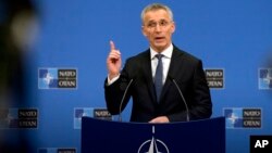 NATO Secretary General Jens Stoltenberg speaks during a media conference at NATO headquarters in Brussels, April 1, 2019. 