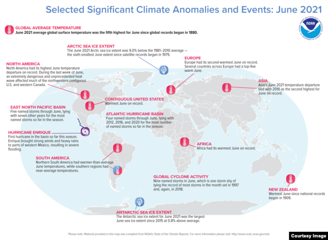 Global temperature in June 2021. (Courtesy NOAA)