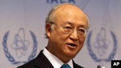 FILE - Director General of the International Atomic Energy Agency, IAEA, Yukiya Amano addresses the media during a news conference at the International Center, in Vienna, Austria, June 2, 2014.