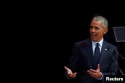 Former U.S. President Barack Obama delivers the 16th Nelson Mandela annual lecture, marking the centenary of the anti-apartheid leader's birth, in Johannesburg, South Africa, July 17, 2018.