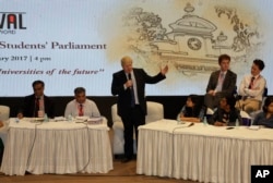 British Foreign Secretary Boris Johnson speaks during the International University Students' Parliament debate at Presidency University in Kolkata, India, Jan. 19, 2017.