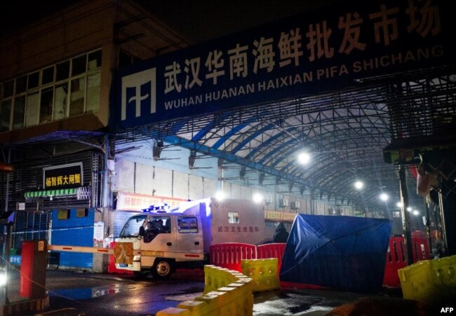 资料照片：湖北省武汉市卫生应急队的消毒车辆驶离已被关闭的武汉华南海鲜批发市场。（2020年1月11日）
