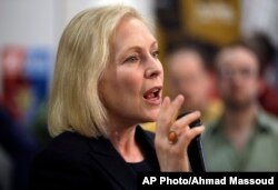 FILE - Democratic presidential candidate Sen. Kirsten Gillibrand, D-N.Y., speaks during a campaign meet-and-greet, March 15, 2019, at To Share Brewing in Manchester, N.H.
