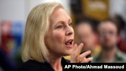 Democratic presidential candidate Sen. Kirsten Gillibrand, D-N.Y., speaks during a campaign meet-and-greet, March 15, 2019, at To Share Brewing in Manchester, N.H. 