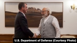 U.S. Defense Secretary Ash Carter meets with India Prime Minister Narendra Modi to discuss the progress on U.S.-India defense relationship, in New Delhi, India, April 12, 2016.