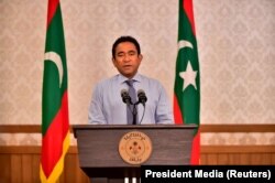 Maldivian President Abdulla Yameen speaks as he gives a statement at President office in Male, Sept. 24, 2018.