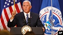 Vice President Mike Pence speaks at U.S. Immigration and Customs Enforcement, at ICE headquarters, July 6, 2018, in Washington. 