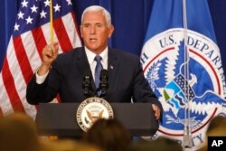 Vice President Mike Pence speaks at U.S. Immigration and Customs Enforcement, at ICE headquarters, July 6, 2018, in Washington.