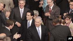 Israeli PM Benjamin Netanyahu, followed by House Majority Leader Eric Cantor, and House Majority Whip Kevin McCarthy arrives to address a joint meeting of Congress, on Capitol Hill in Washington, May 24, 2011