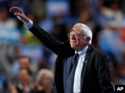 FILE - Vermont Sen. Bernie Sanders closes out the first day of the Democratic National Convention in Philadelphia, July 25, 2016.