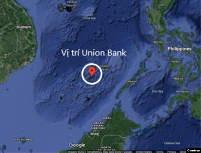 Vị trí của cụm Sinh Tồn (Union Bank), nơi có bãi Ba Đầu. Ảnh Google map, chú thích và minh họa của tác giả.