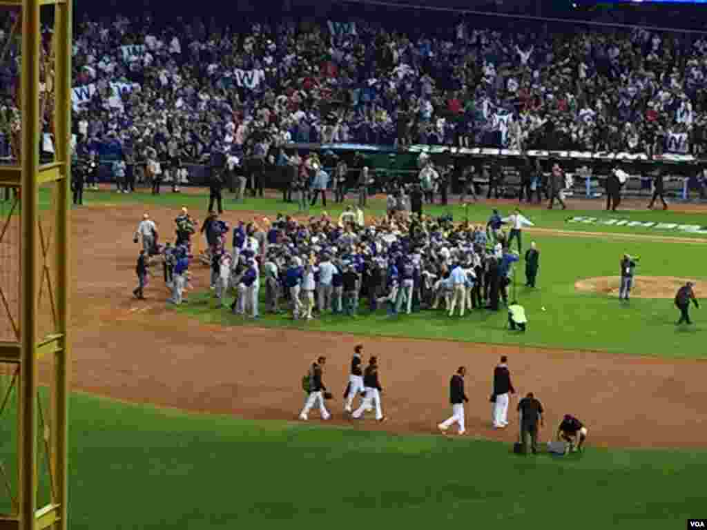 The Chicago Cubs celebrate at Progressive Field in Cleveland after defeating the Indians 8-7 in Game 7 of the World Series, Nov. 2, 2016. (K.Farabaugh/VOA)