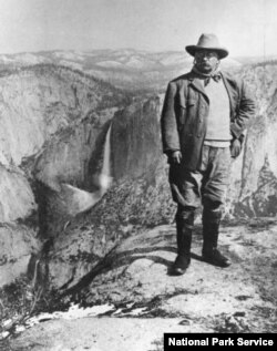 President Theodore Roosevelt at Glacier Point in Yosemite National Park, California, 1903. He was the first U.S. President to create national monuments under the 1906 Antiquities Act.