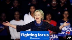 Democratic presidential candidate Hillary Clinton speaks during a campaign event at Clark Atlanta University, Oct. 30, 2015, in Atlanta, Georgia.