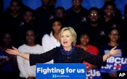 FILE - Democratic presidential candidate Hillary Clinton speaks during a campaign event at Clark Atlanta University, Oct. 30, 2015, in Atlanta, Georgia.